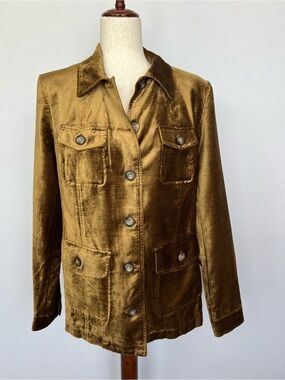 Cabi Flash Jacket Bronze Gold Velvet Utility Safari Jacket Shirt Brown Luxe